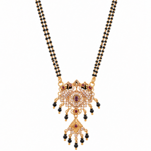 Traditional Gold Plated Black Beads Mangalsutra with CZ Stones and Ruby Designer Pendant for Women