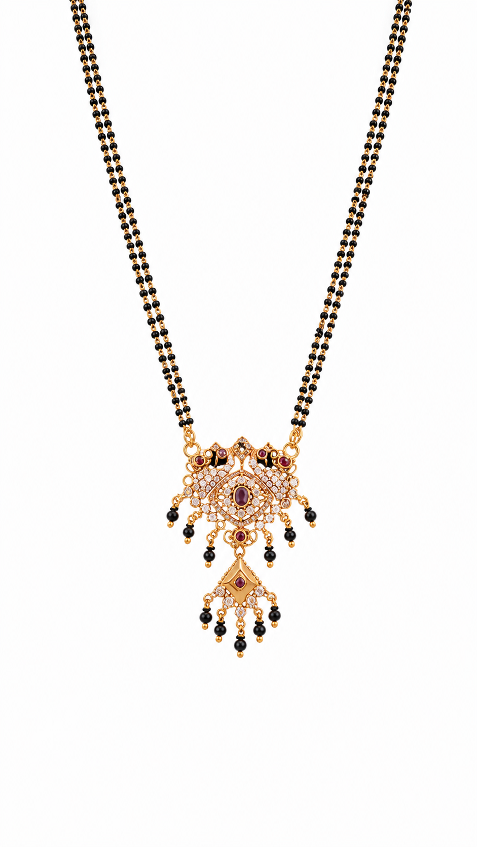 Traditional Gold Plated Black Beads Mangalsutra with CZ Stones and Ruby Designer Pendant for Women