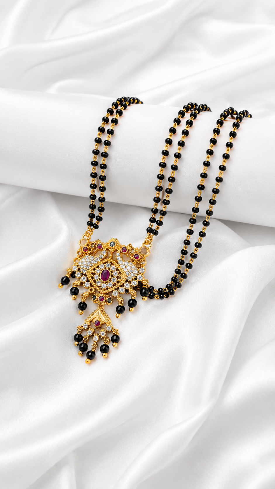 Traditional Gold Plated Black Beads Mangalsutra with CZ Stones and Ruby Designer Pendant for Women