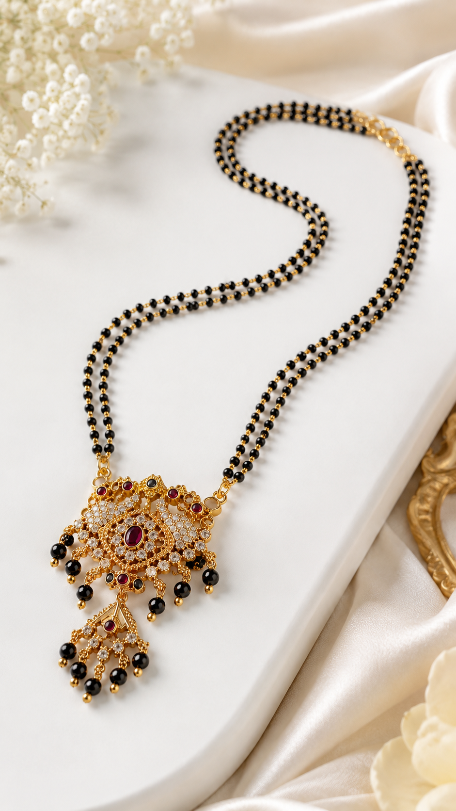 Traditional Gold Plated Black Beads Mangalsutra with CZ Stones and Ruby Designer Pendant for Women