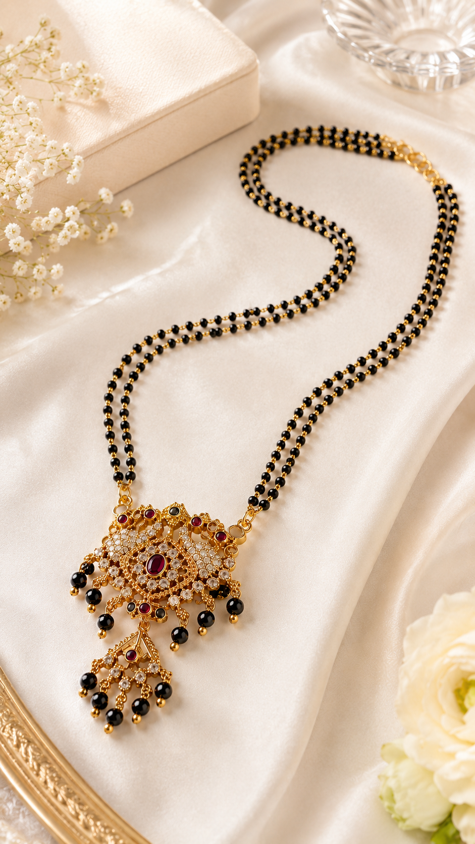 Traditional Gold Plated Black Beads Mangalsutra with CZ Stones and Ruby Designer Pendant for Women