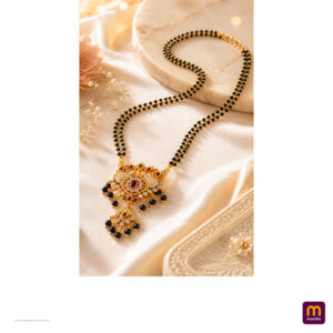 Traditional Gold Plated Black Beads Mangalsutra with CZ Stones and Ruby Designer Pendant for Women